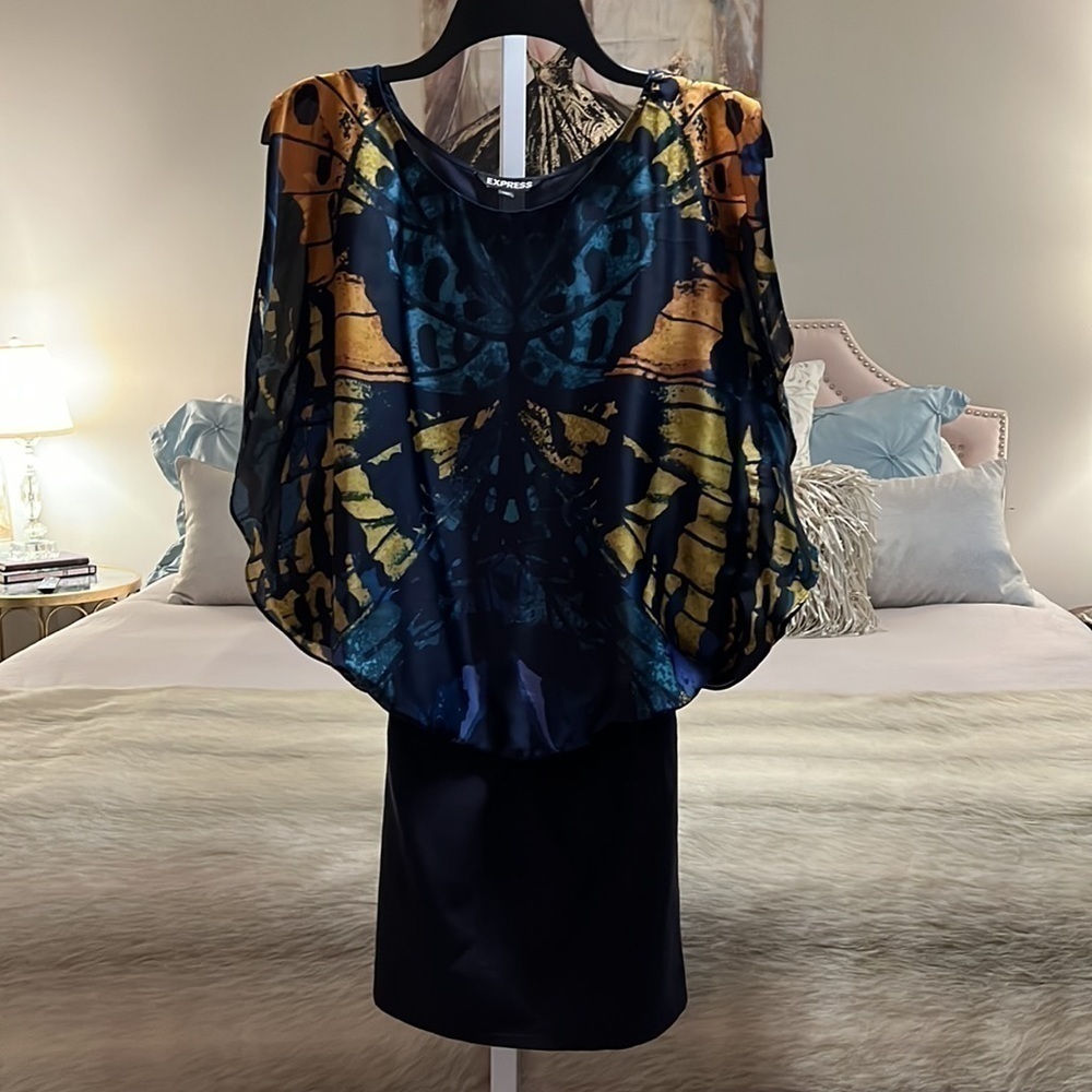 EXPRESS Navy Blue Butterfly XS Flutter Sleeves Blouse Knit Skirt Dress 2011 - Picture 9 of 17